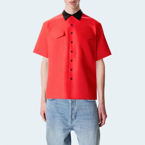 Red lapel button down loose men's short sleeve shirt