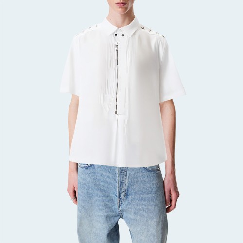 Fashionable white metal zipper men's short sleeve shirt