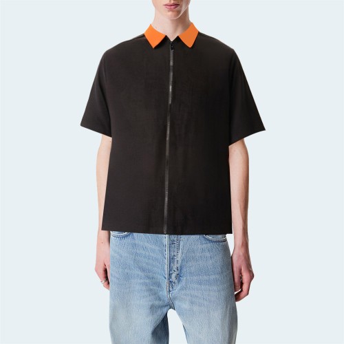 Men's short sleeve contrast collar zip-up shirt