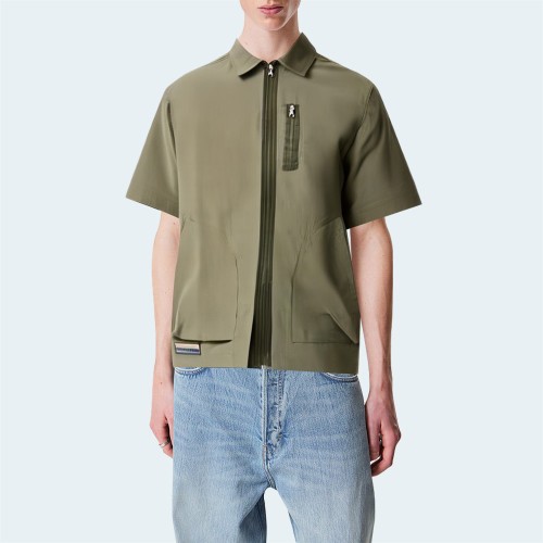 High quality green zipper men's short sleeve shirt