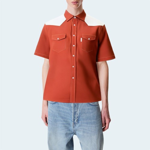 Pure cotton color block loose men's short-sleeved shirt