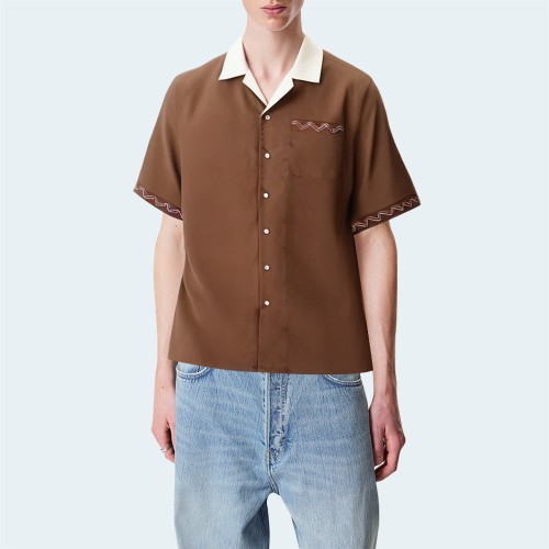 Brown cotton loose men's short-sleeved shirt