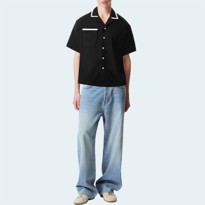 Black cotton button down men's short sleeve shirt
