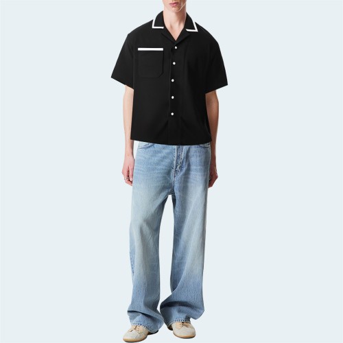Black cotton button down men's short sleeve shirt