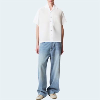 White cotton loose men's short-sleeved shirt