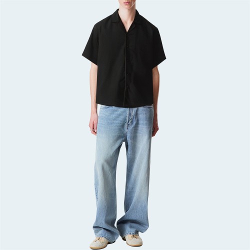 Black cotton loose short-sleeved men's shirt