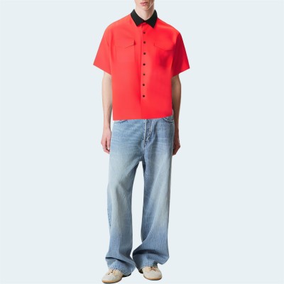 Red lapel button down loose men's short sleeve shirt