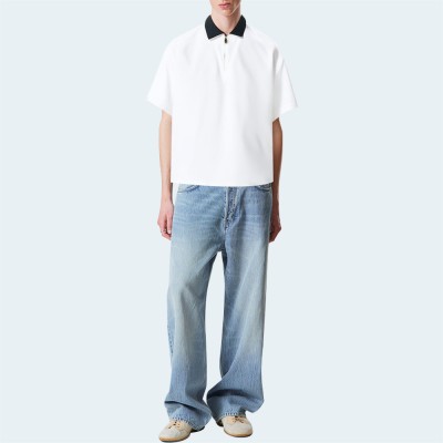 White half zip loose men's short sleeve shirt