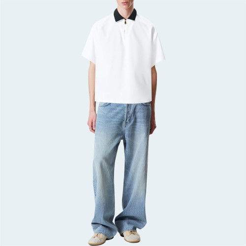 White half zip loose men's short sleeve shirt