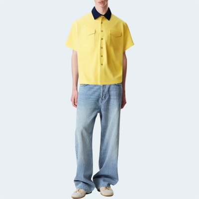 Yellow pure cotton loose men's short-sleeved shirt