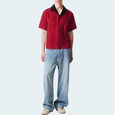 Red button breathable loose men's short-sleeved shirt