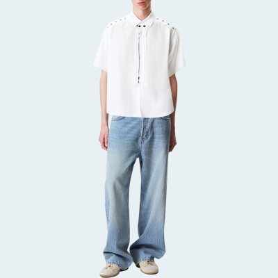 Fashionable white metal zipper men's short sleeve shirt