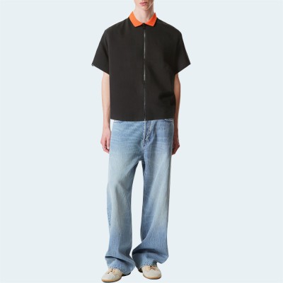 Men's short sleeve contrast collar zip-up shirt