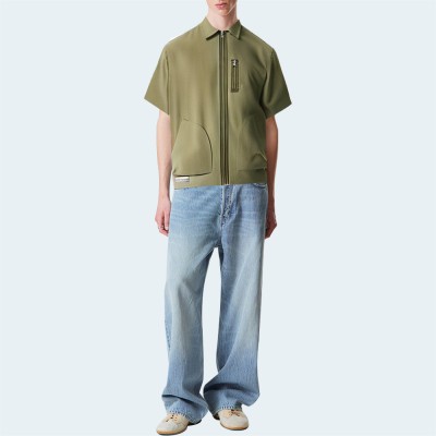 High quality green zipper men's short sleeve shirt