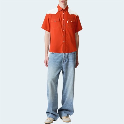 Pure cotton color block loose men's short-sleeved shirt