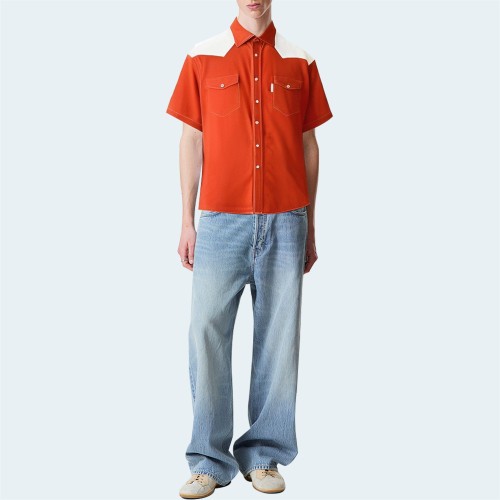 Pure cotton color block loose men's short-sleeved shirt