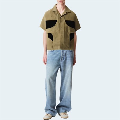 Contrast color stitching cotton men's short-sleeved shirt
