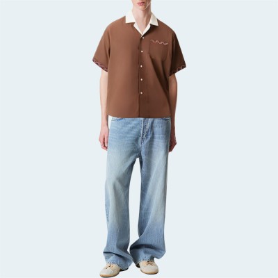 Brown cotton loose men's short-sleeved shirt