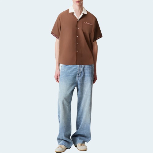 Brown cotton loose men's short-sleeved shirt