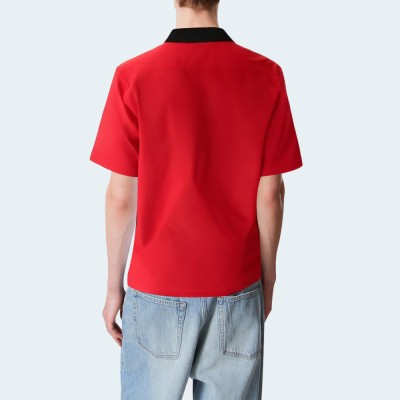 Red lapel button down loose men's short sleeve shirt