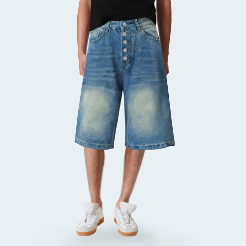 Blue loose straight fit men's denim shorts