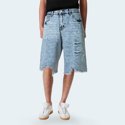 Casual blue ripped men's denim shorts