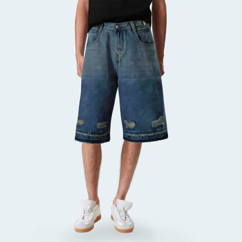 Retro straight ripped men's denim shorts