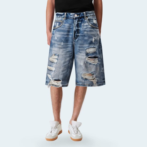 Blue ripped straight-leg men's denim shorts