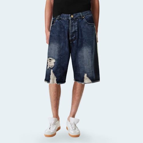 Pure cotton ripped side stripe men's denim shorts