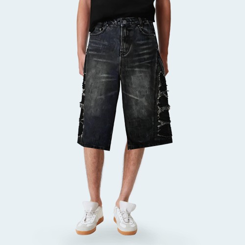 Black distressed wide-leg men's denim shorts