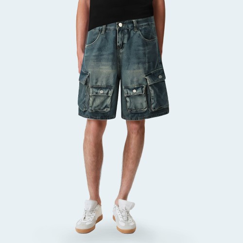 Summer multi-pocket straight-leg men's denim shorts