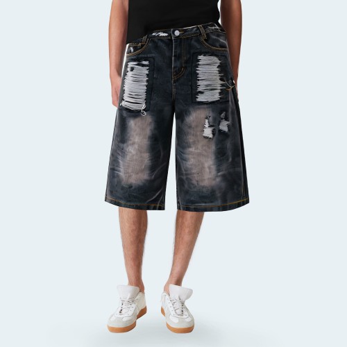 Washed ripped wide-leg men's denim shorts