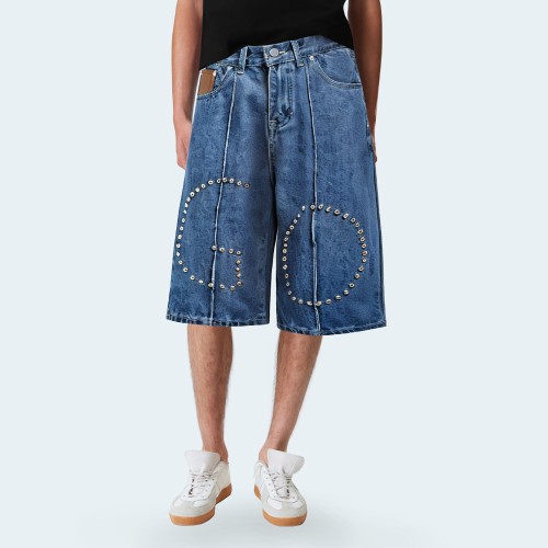 Blue rivet straight men's denim shorts