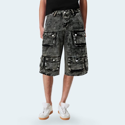 Multi-pocket wide-leg straight men's denim shorts