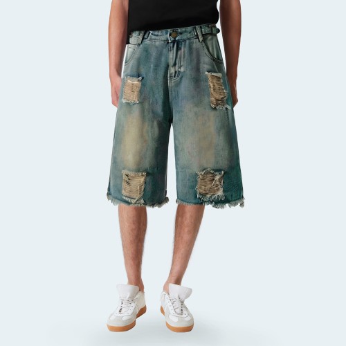 Washed ripped straight men's denim shorts