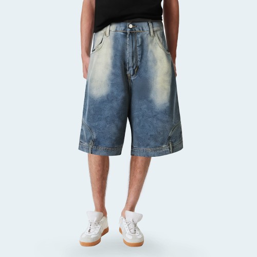 Distressed washed straight-leg men's denim shorts