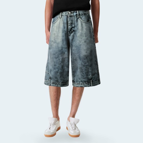 Washed loose wide-leg men's denim shorts