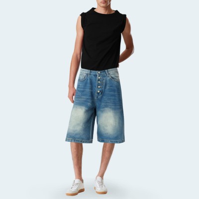 Blue loose straight fit men's denim shorts