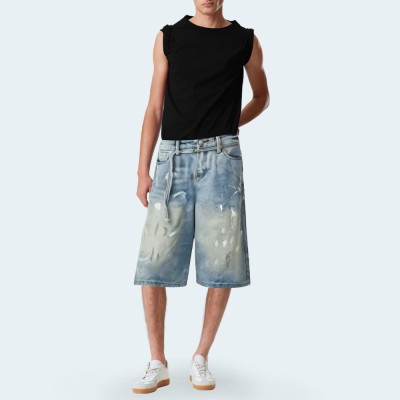 Painted splash print men's denim shorts