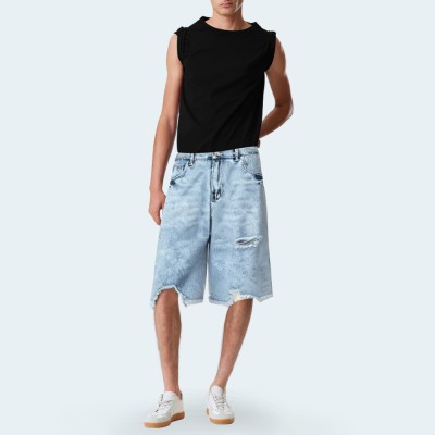 Casual blue ripped men's denim shorts