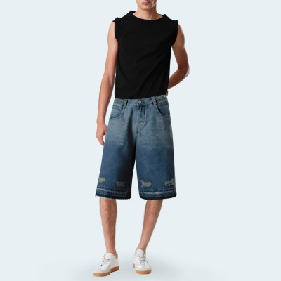 Retro straight ripped men's denim shorts