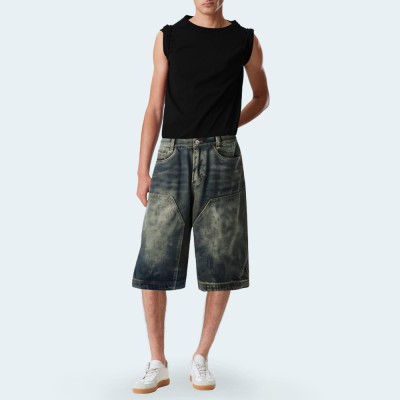 Vintage distressed straight-leg men's denim shorts