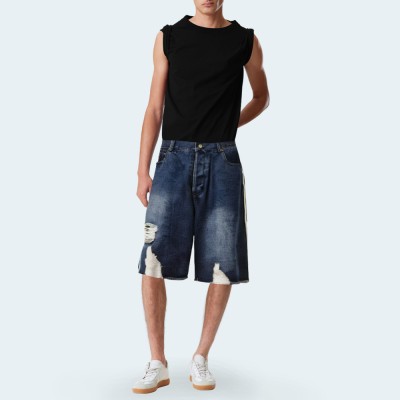 Pure cotton ripped side stripe men's denim shorts