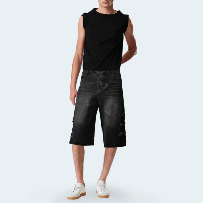 Black distressed wide-leg men's denim shorts