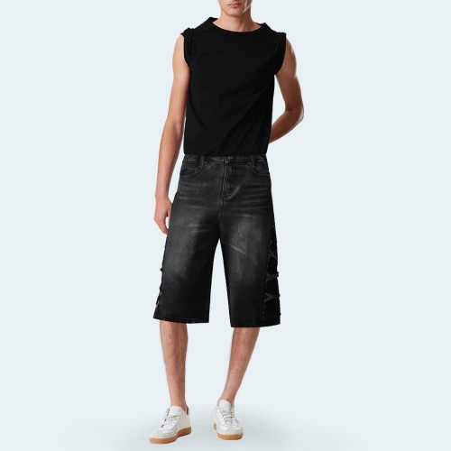 Black distressed wide-leg men's denim shorts