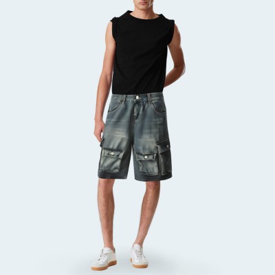Summer multi-pocket straight-leg men's denim shorts
