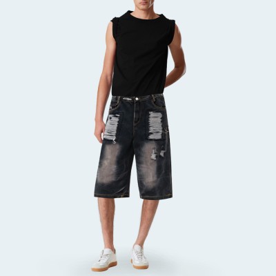Washed ripped wide-leg men's denim shorts