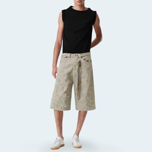 Marble texture loose fit men's denim shorts