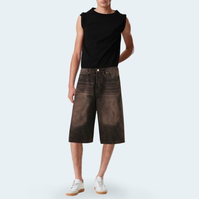 Distressed loose wide-leg men's denim shorts