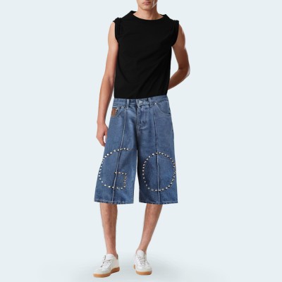 Blue rivet straight men's denim shorts